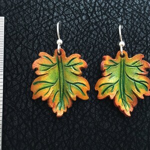 Maple Leaf Leather Earrings Sterling Silver, Orange, Green, Yellow image 4