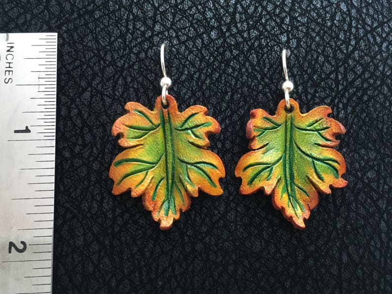 Maple Leaf Leather Earrings Sterling Silver, Orange, Green, Yellow image 4