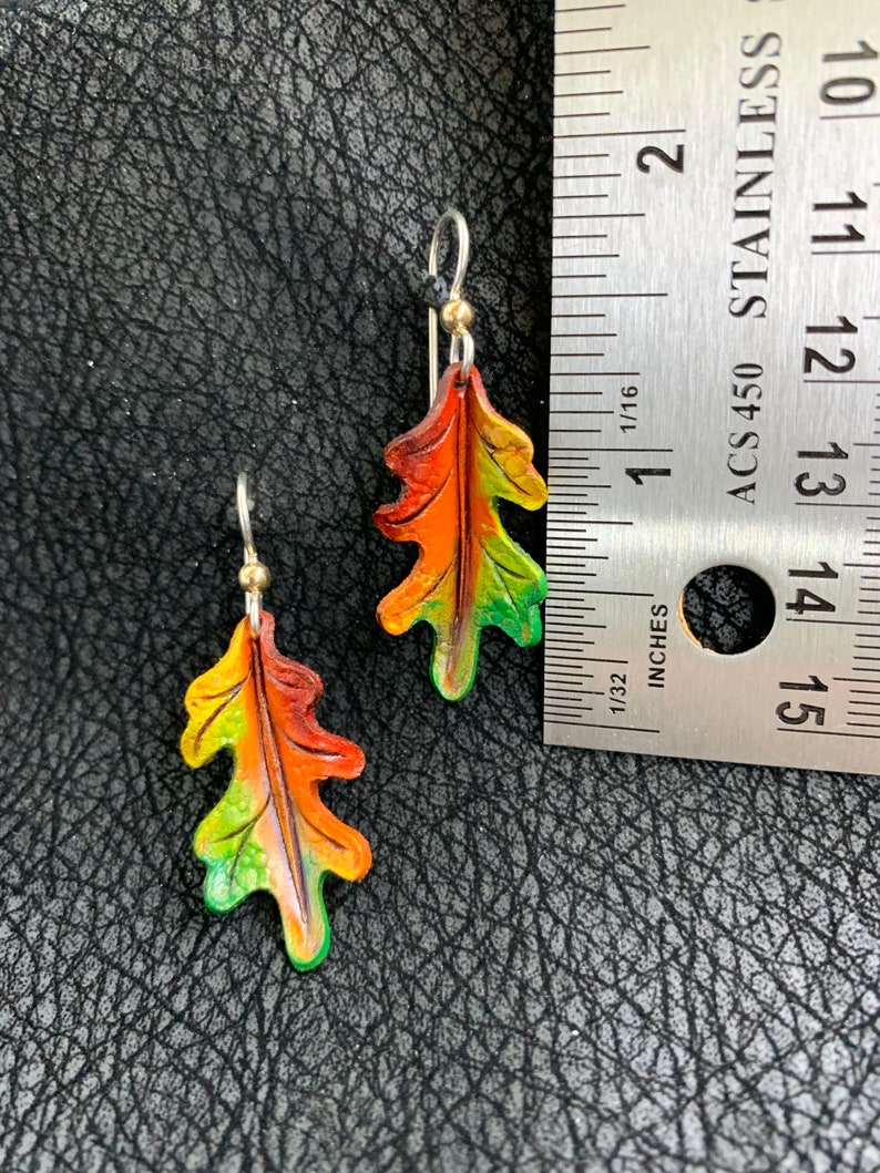 Oak Leaf Leather Earrings Red, Green, Orange, Yellow image 4