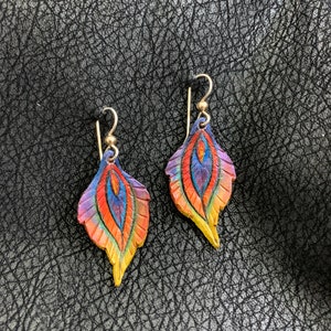 Phoenix Feather Leather Earrings Sterling Silver Ear Wire, Rainbow, Iridescent, Blue, Purple, Green, Orange, Yellow, Red image 1