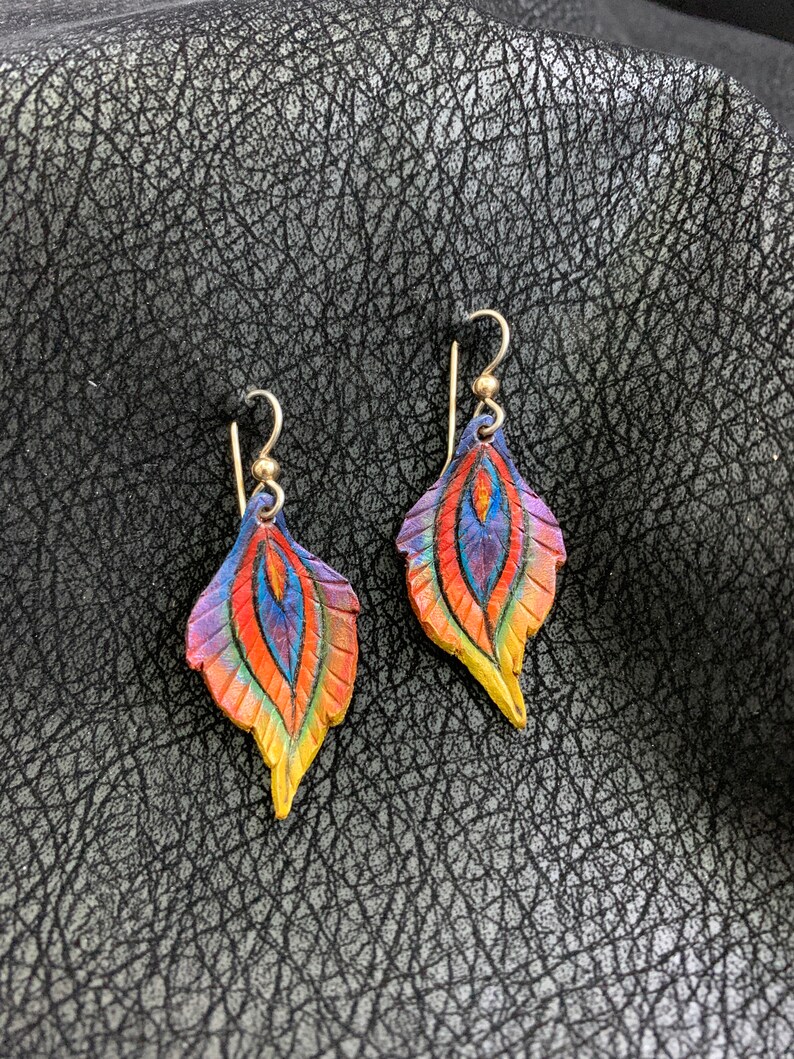 Phoenix Feather Leather Earrings Sterling Silver Ear Wire, Rainbow, Iridescent, Blue, Purple, Green, Orange, Yellow, Red image 1