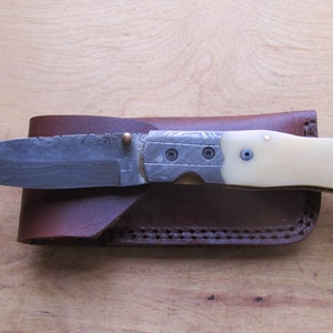 WARREN Hand Made Damascus Steel Folding Knife, Fluted Bolsters, Camel Bone Handle, Liner Locking, O17-1