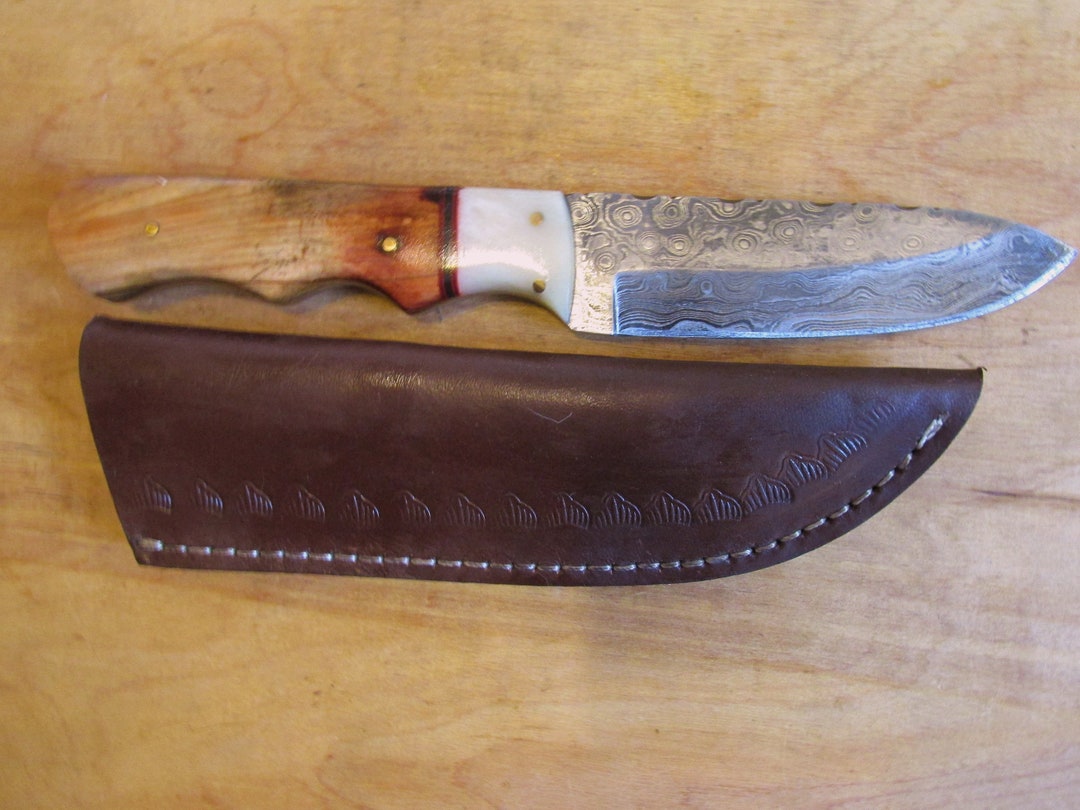 Warren Damascus Steel Fixed Blade Hunting Knife, Spalted Maple and ...