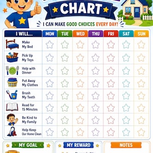 May include: A colorful chore chart titled MY CHORE CHART with the text I CAN MAKE GOOD CHOICES EVERY DAY. It features a grid with rows for tasks like making the bed and picking up toys, columns for days of the week, and sections for goals and rewards.