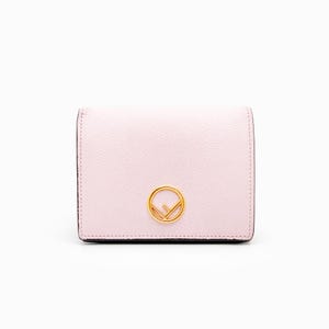 May include: A pale pink leather wallet with a gold Fendi logo.