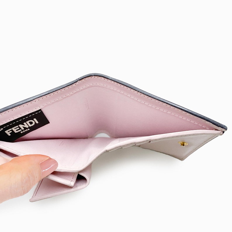 May include: A pink leather wallet with a black Fendi logo and the words "Roma" printed on it. The wallet is open and the inside is lined with pink leather.