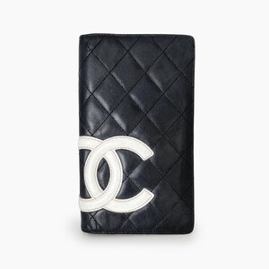 Authentic CHANEL Cambon Black Quilted Calfskin Bifold Long 