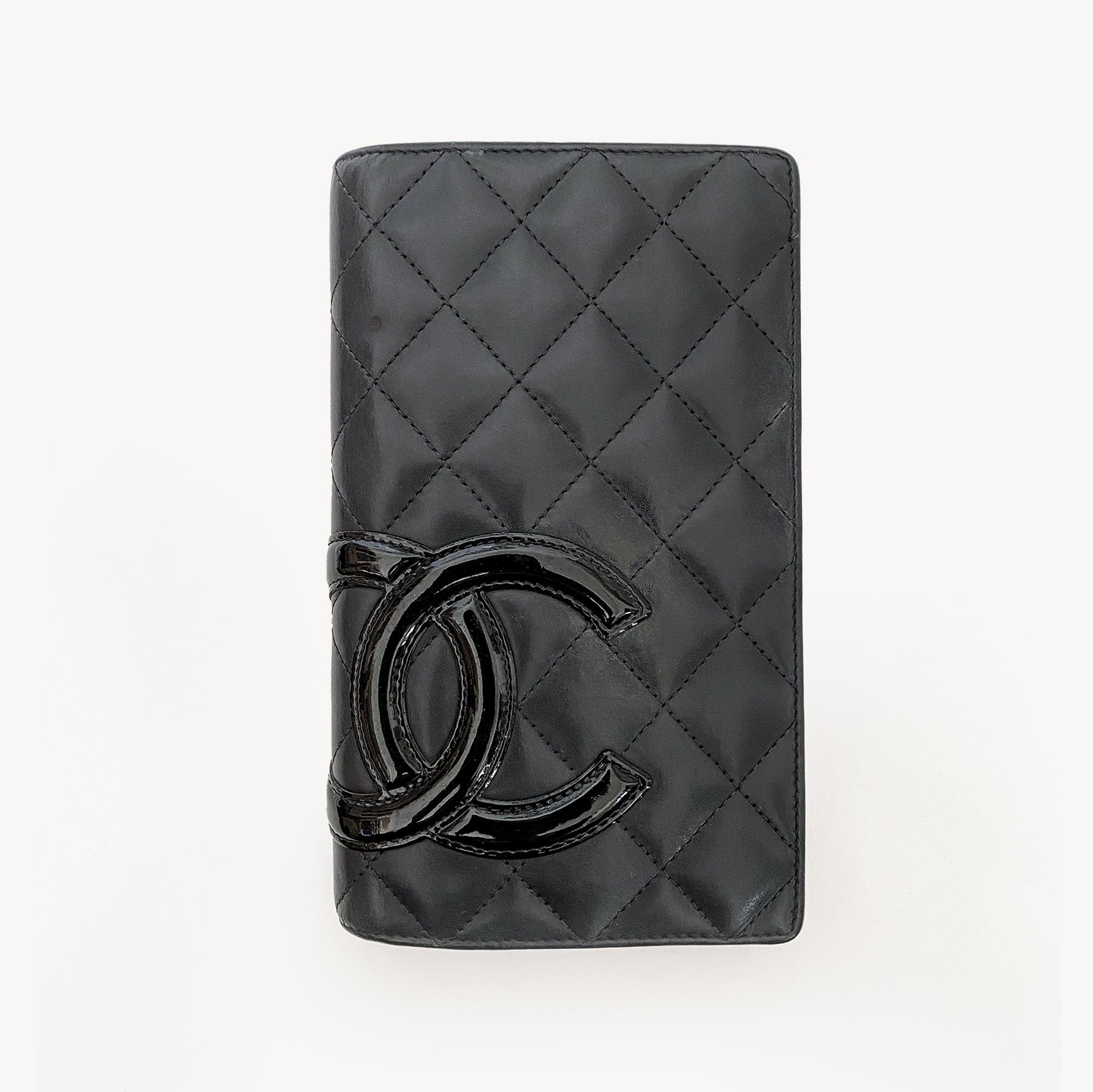 Authentic CHANEL Cambon Black Quilted Calfskin Bifold Long 