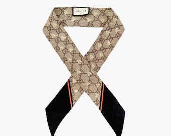 Authentic GUCCI Silk GG Monogram Bee Twilly, Bandeau, Ribbon Scarf