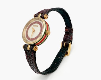 Authentic GUCCI Web Stripe Gold Plated Round Dial Exotic Leather Strap Watch