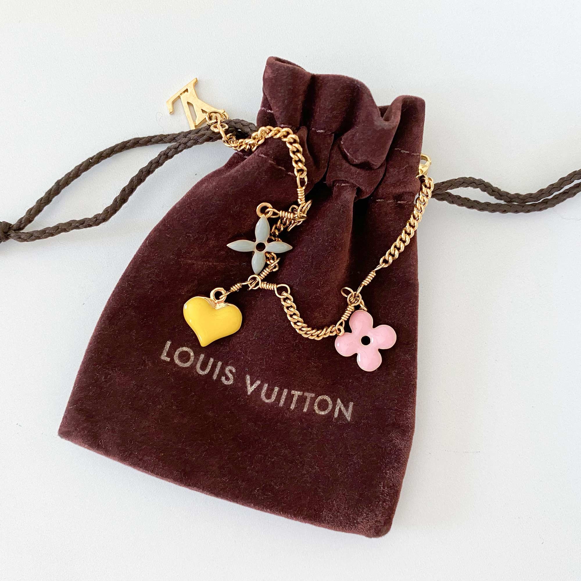LOUIS VUITTON Monogram Flower, Heart Charm Women's Chain Bracelet Pink,Gold  USED