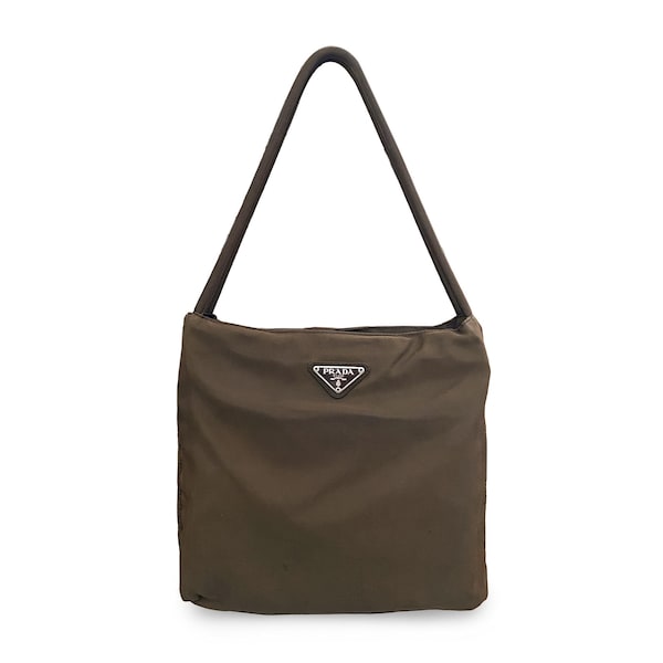 Authentic PRADA Triangle Logo Tessuto Brown Nylon Tote Bag