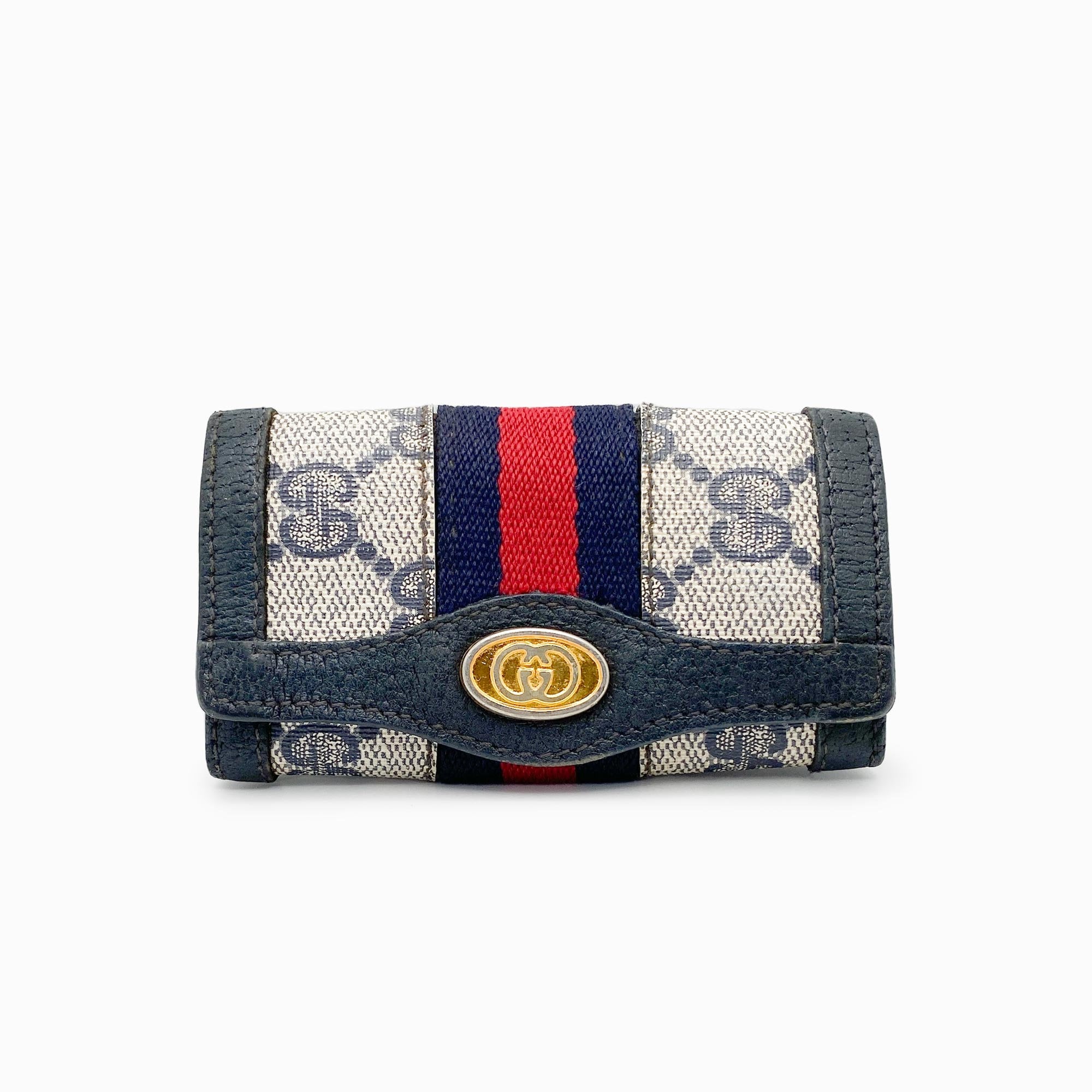 Authentic GUCCI Vintage Web GG Coated Canvas Key Holder Case - Navy Blue