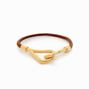 Authentic Vintage Hermès Leather Bracelet - Yellow Gold Plated Jumbo Hook