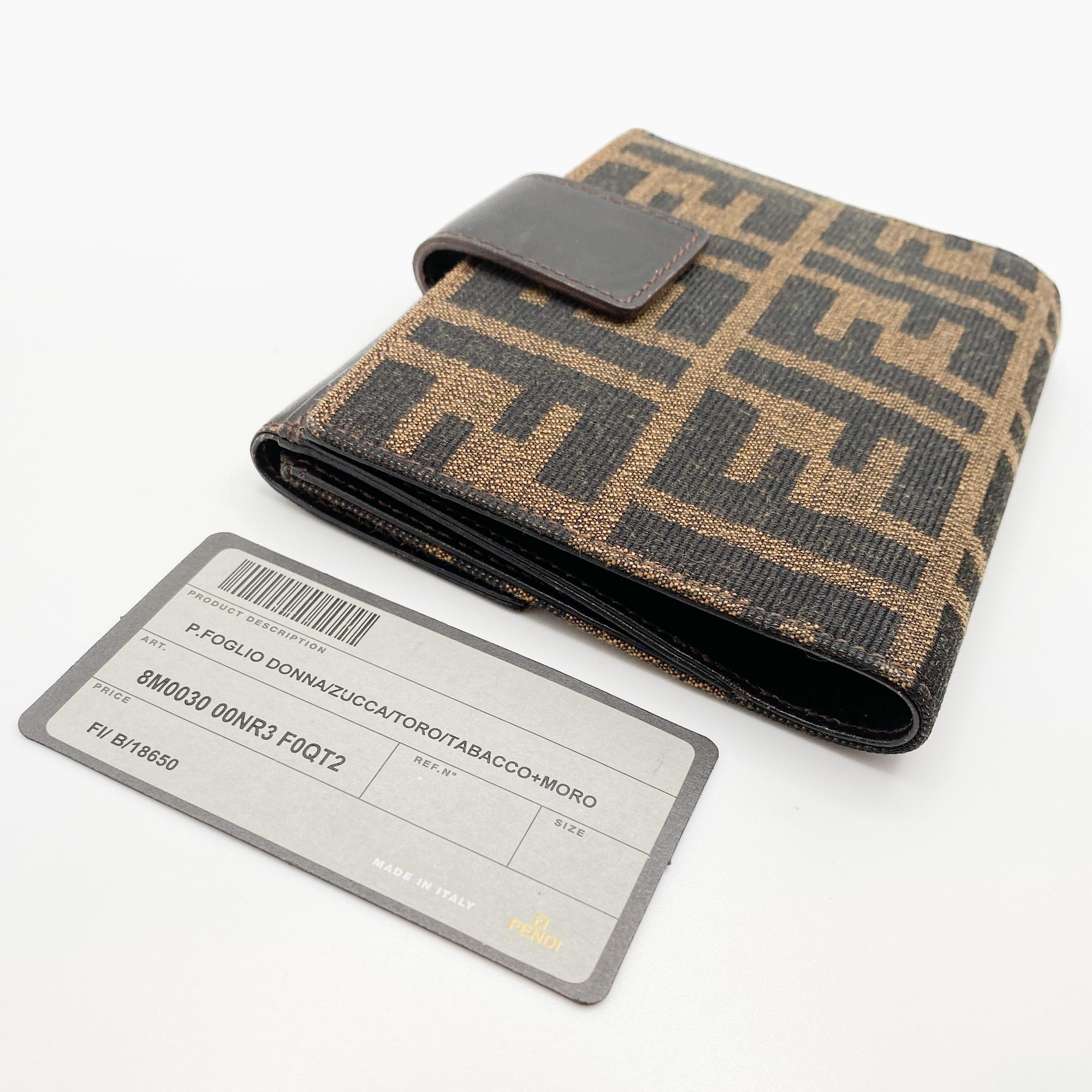 Authentic Fendi Donna Zucca FF Motif Fabric Leather Compact Wallet