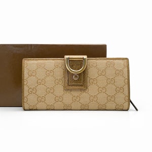Authentic GUCCI GG Canvas Long Wallet with Zip Around Coin Pocket - Beige Gold