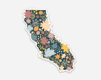 May include: A dark green outline of the state of California filled with colorful flowers in shades of pink, yellow, blue, and orange.