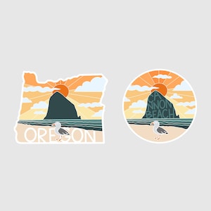 May include: Two sticker designs featuring a stylized illustration of Cannon Beach, Oregon. The first sticker shows the outline of the state of Oregon with Cannon Beach in the center. The second sticker is a circle with Cannon Beach in the center. Both stickers feature a seagull and a sunset.