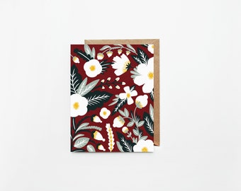 Red Floral Greeting Cards | Individual or Set of 8 | Illustrated Hand Designed Floral Cards | Blank Interior w/ White Envelope