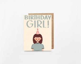 Vintage Birthday Girl Cards | Individual or Set of 8 | Illustrated Hand Designed Happy Birthday Cards | Blank Interior w/ White Envelope