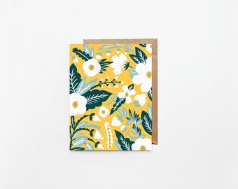 Illustrated Yellow Floral Greeting Cards | Individual or Set of 8 | Blank Interior w/ White Envelope