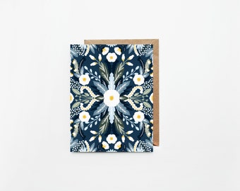 Illustrated Blue Floral Greeting Cards | Individual or Set of 8 | Blank Interior w/ White Envelope