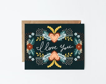 I Love You Greeting Cards | Individual or Set of 8 | Illustrated Hand Designed Floral Cards | Blank Interior w/ White Envelope