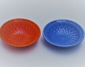 Harlequin Basketweave Nut Dishes in Original Tangerine Atomic Red and Mauve Blue Colors