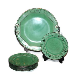 Mid-Century Cake Set Dessert Set with Platter and Six Plates in Green with Silver Overlay Pattern