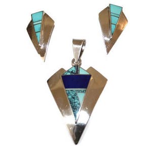 Navajo Ray Tracey Knifewing Sterling Silver Arrowhead Pendant and Earring Set with Turquoise and Lapis