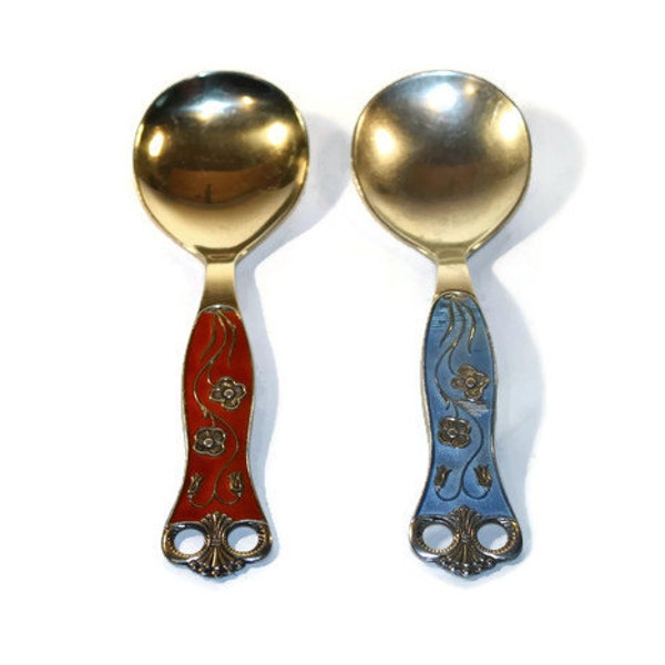Rare Pair of Sterling Silver and Gilt Norne Spoons in Red and Blue by Aksel Holmsen of Norway