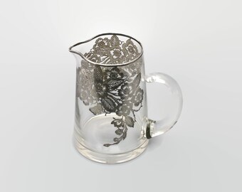 Small Glass Duncan and Miller Bar Pitcher with Sterling Silver Overlay in Blossom Time Pattern by Silver City