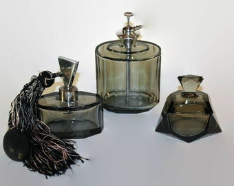 Gorgeous 1930s Art Deco Vanity Set with Perfume Bottles and Trinket Box in Smoky Gray Hand Cut Leaded Crystal with Sterling Fixtures