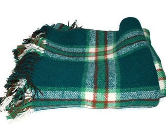 Vintage Wool Reversible Green and Brown Plaid Camp Blanket Statium Blanket Picnic Blanket with Fringe