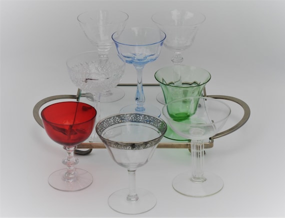 Variety Set 1 of Eight Vintage Depression and Elegant Glassware Cocktail  Glasses, Tiffin, Fostoria, Hawkes, Duncan and Miller, Etc. 