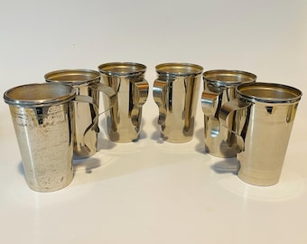 Set of Six Chrome Landers Frary & Clark Nesting Cups with Screw-on Top and Detachable Handles