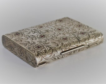 Hallmarked Italian Sterling Silver and Ruby Minaudiere / Nécessaire / Compact / Clutch / Vanity Case