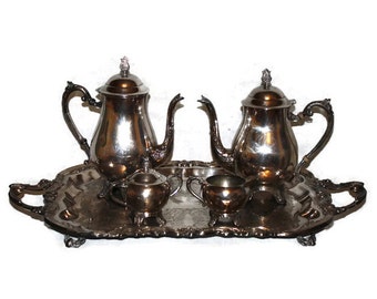 F.B. Rogers Silver Plate Tea Set with Tea Pot - Coffee Pot - Creamer - Sugar Bowl - Serving Tray