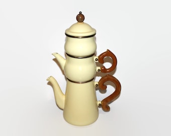 MacKenzie Childs "Victoria and Richard" Stacking High Tea Set Camp Line with Pot Creamer Sugar Bowl, Carved Teak Handles in Reveille/Candle