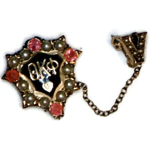 Gorgeous Theta Kappa Phi 14KT Yellow Gold Sorority Pin with 10 Seed Pearls and 4 Rubies Plus Guard Pin with 7 Seed Pearls