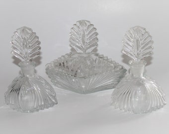 Gorgeous Six Piece Art Deco Dresser Set / Vanity Set by New Martinsville in the Crystal Eagle Pattern