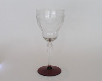 1930s Blown Glass Water Goblet with Floral Etch and Ruby Foot by Weston Glass Company