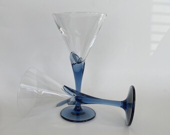 Pair of Elegant Bormioli Champagne or Wine Flutes in Florian Bleu with Petal Stems