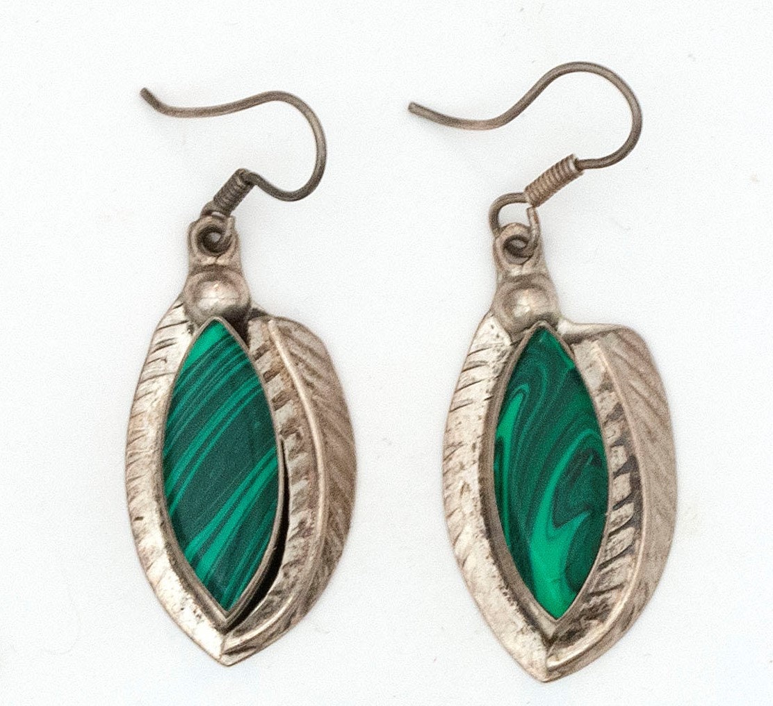 Vintage Taxco Mexico 925 Sterling and Malachite Earrings