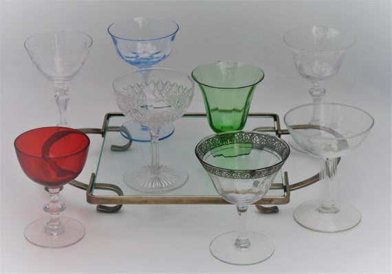 Variety Set 1 of Eight Vintage Depression and Elegant Glassware Cocktail  Glasses, Tiffin, Fostoria, Hawkes, Duncan and Miller, Etc. 