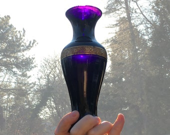 Art Deco/Art Nouveau Polished Black Glass Vase | Tiffin Franciscan Minton Pattern Vase in Polished Black Amethyst Elegant Glass