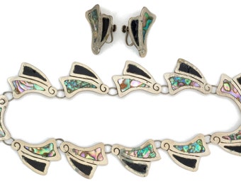 Vintage Taxco Mexican 950 Sterling, Onyx, and Abalone Necklace and Earring Set