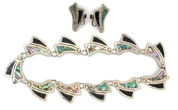 Vintage Taxco Mexican 950 Sterling, Onyx, and Abalone Necklace and Earring Set