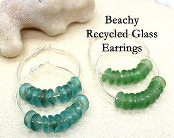 Recycled Glass Earrings / Silver Hoop Earrings / Large Hoop Earrings / Beach Earrings / Seaglass Earrings