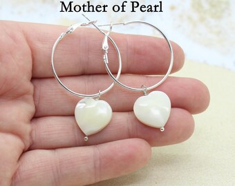 Hoop Earrings, Heart Earrings, Beach Jewelry, Sea Shell Earrings, Beach Wedding, Silver Hoop Earrings